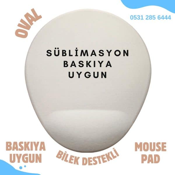 Süblimasyon Mouse Pad - Oval Bilek Destekli - Baskıya Uygun