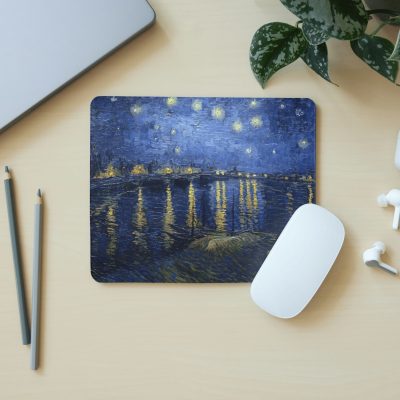 Van Gogh Rhone Üzerinde Yıldızlı Gece Kare Mouse Pad – Sanat Temalı Kaymaz Tabanlı Fare Altlığı