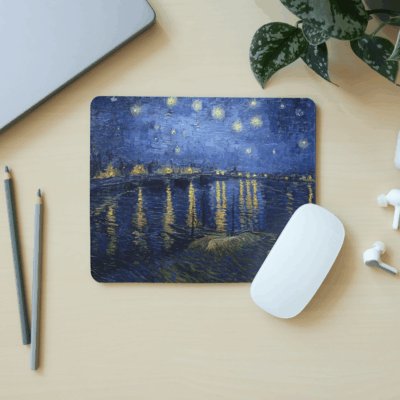 Van Gogh Rhone Üzerinde Yıldızlı Gece Kare Mouse Pad – Sanat Temalı Kaymaz Tabanlı Fare Altlığı