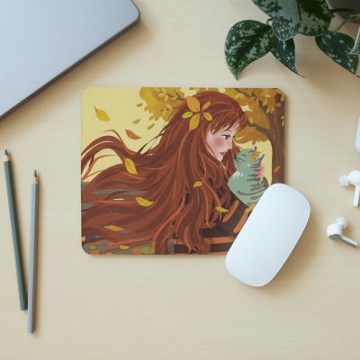 Sonbahar Temalı Kedili Kız Desenli Mouse Pad – Uygun Fiyatlı Kaymaz Taban Fare Altlığı