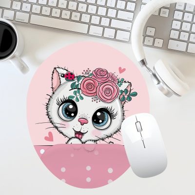 🐱 Sevimli Kedi ve Çiçek Desenli Oval Bilek Destekli Mouse Pad – Pembe Fare Altlığı